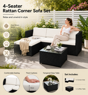 4-seater rattan corner sofa set with thick white cushions and tempered glass coffee table for garden patio furniture