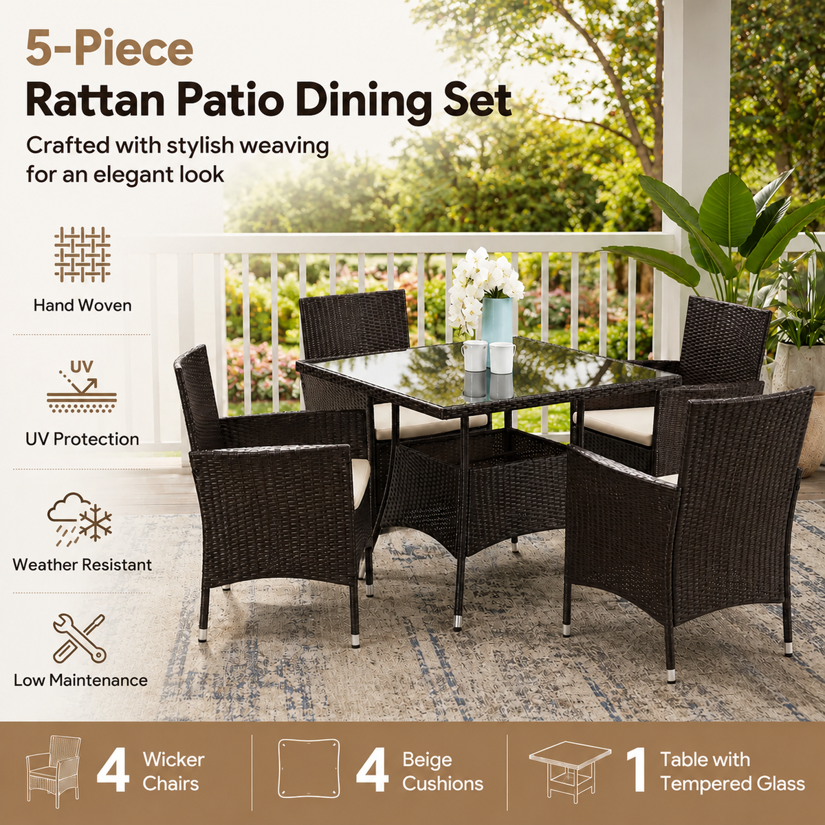 5-piece rattan garden furniture set with four brown wicker chairs, cushions and tempered glass dining table