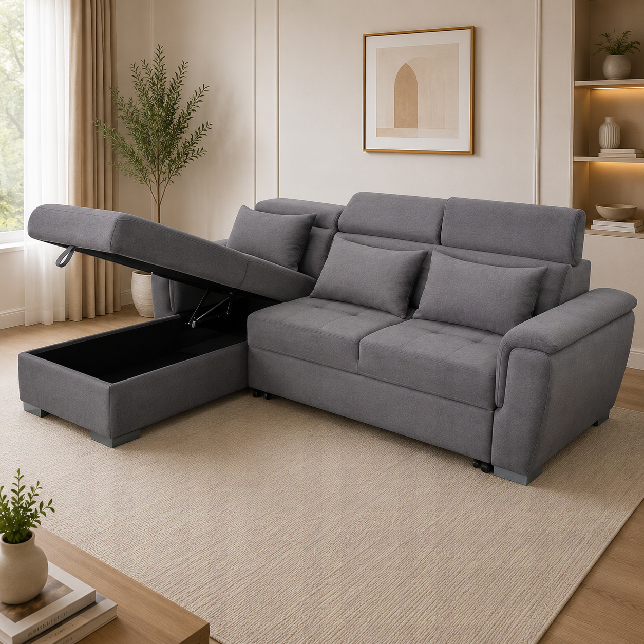 Antonio Velvet Corner Sofa Bed with Storage & USB – Double Sleeper, Universal Left/Right