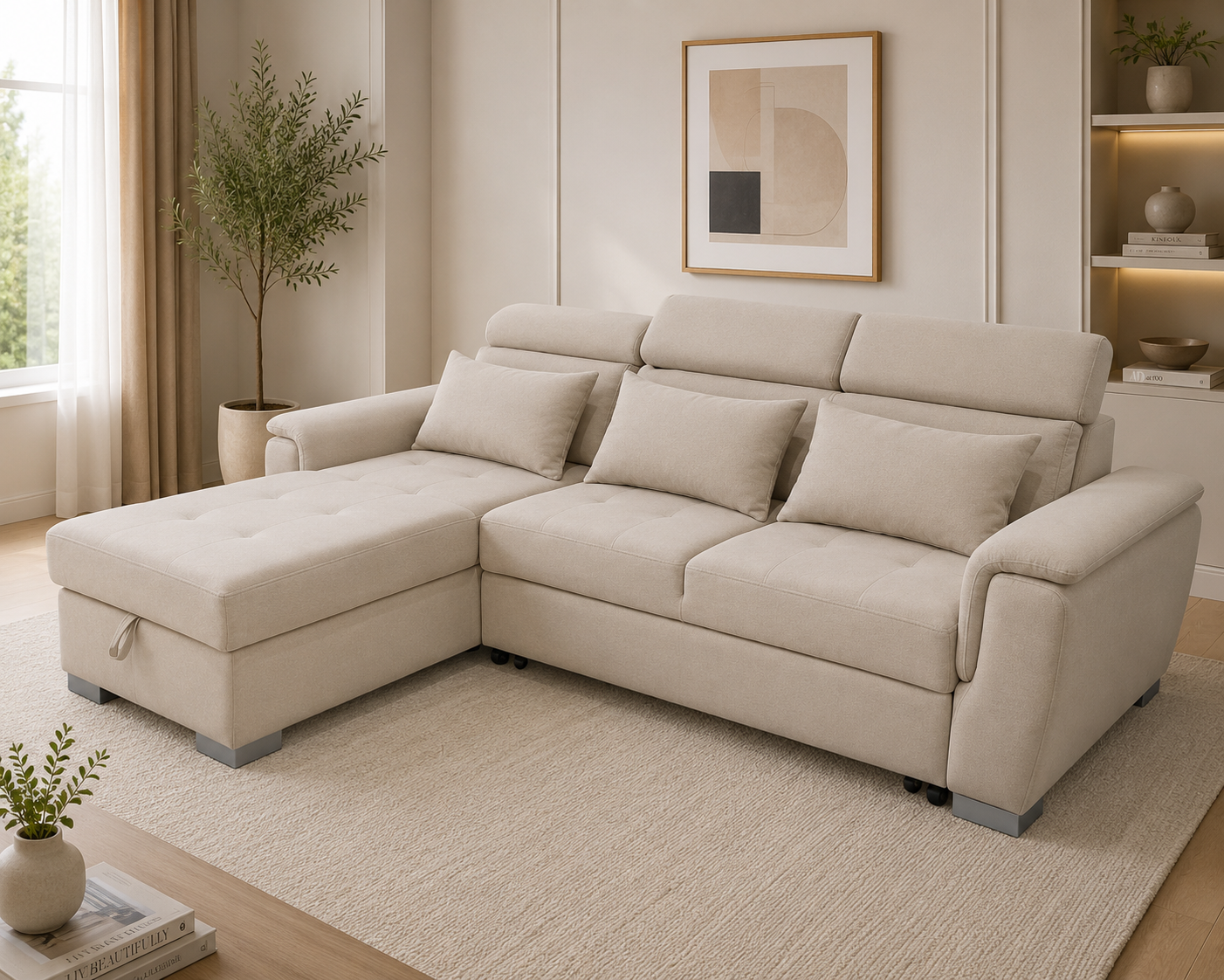 Antonio Velvet Corner Sofa Bed with Storage & USB – Double Sleeper, Universal Left/Right