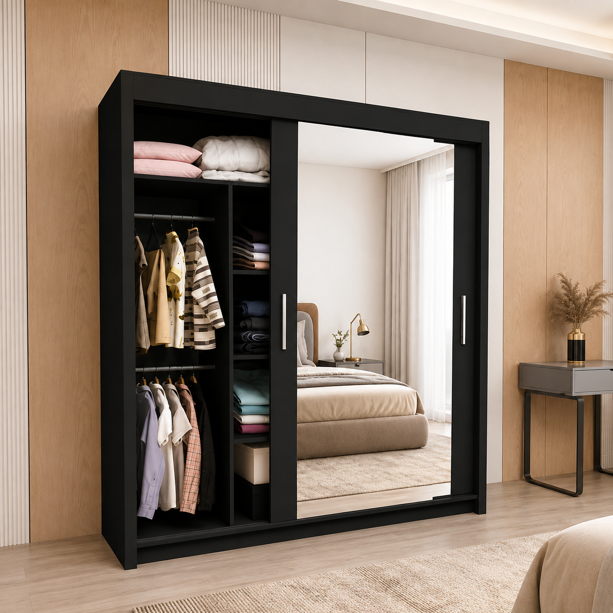 Milan Sliding Door Wardrobe with Mirror – 2 or 3 Doors, Multiple Sizes & Colours, Shelves & Drawers