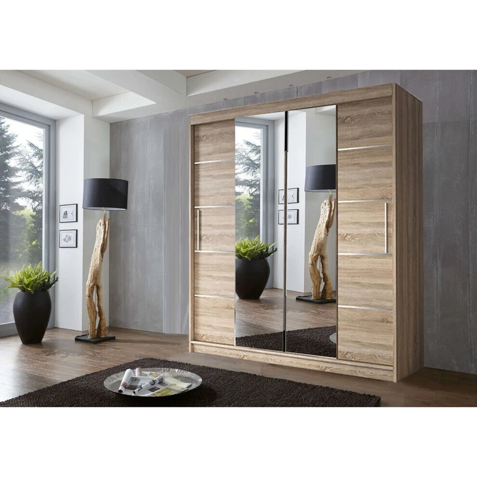 OSLO Sliding Door Wardrobe with Mirror – 2 or 3 Doors – Multiple Sizes & Colours – Shelves, Rails & Drawers
