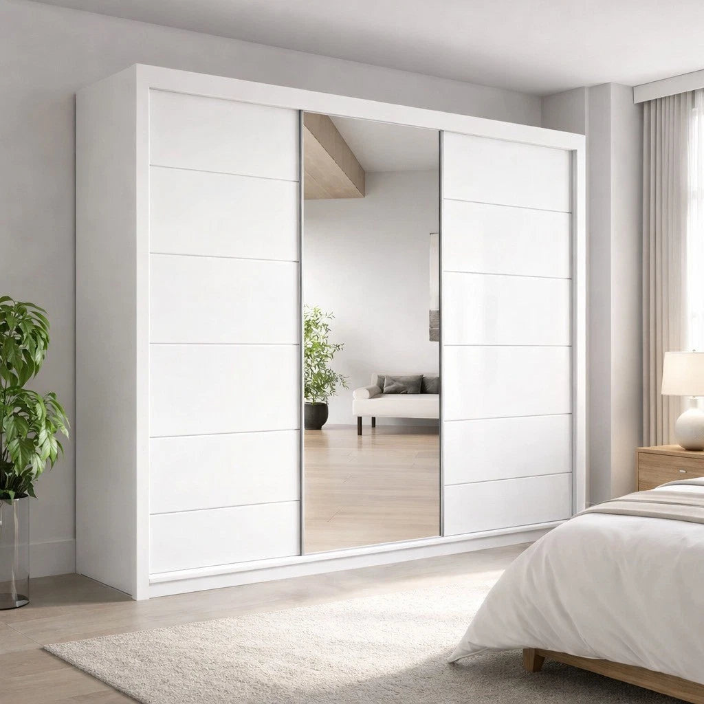 OSLO Sliding Door Wardrobe with Mirror – 2 or 3 Doors – Multiple Sizes & Colours – Shelves, Rails & Drawers