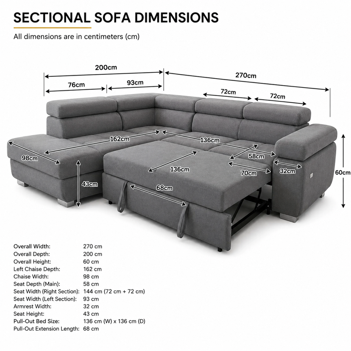 ARTIC corner sofa bed dimensions showing pull-out double bed, chaise and overall measurements
