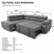 ARTIC corner sofa bed dimensions showing pull-out double bed, chaise and overall measurements