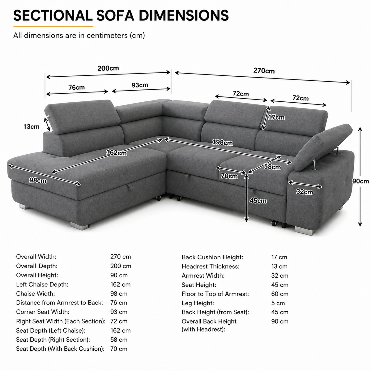 ARTIC corner sofa bed dimensions showing chaise, seat, armrest and adjustable headrest measurements