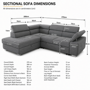 ARTIC corner sofa bed dimensions showing chaise, seat, armrest and adjustable headrest measurements