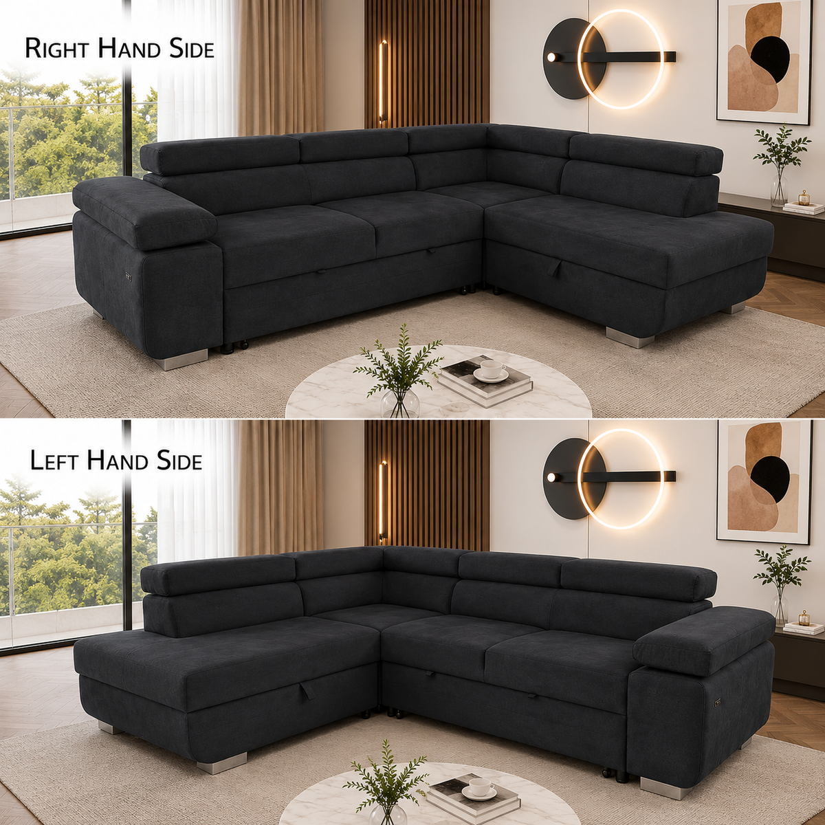 ARTIC corner sofa bed showing left-hand and right-hand chaise configurations