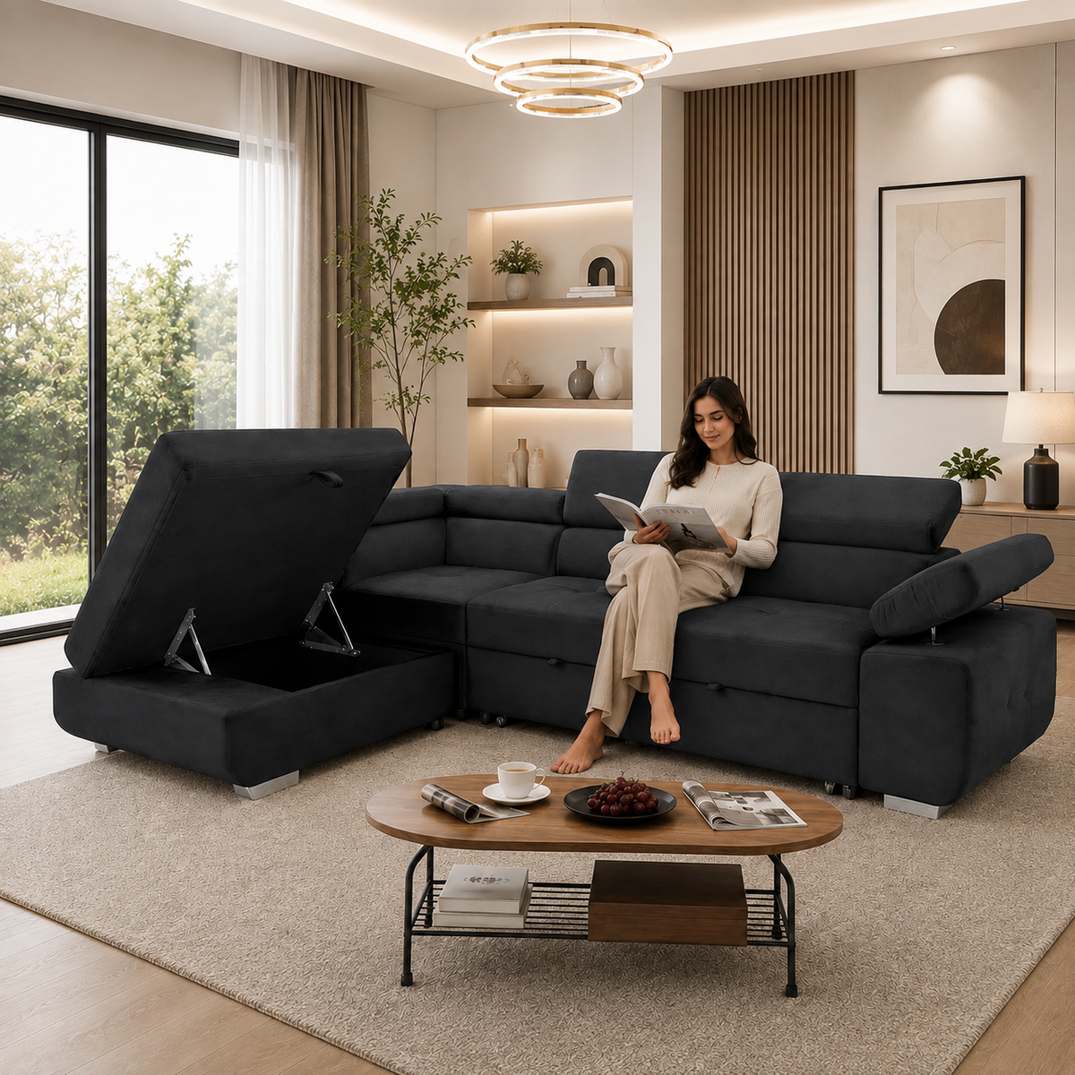 ARTIC dark grey corner sofa bed with storage chaise and adjustable headrests in modern living room