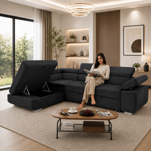 ARTIC dark grey corner sofa bed with storage chaise and adjustable headrests in modern living room