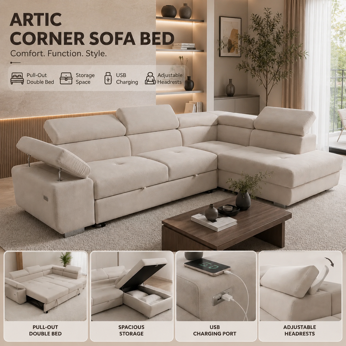 ARTIC corner sofa bed with pull-out double bed, storage, USB charging port and adjustable headrests