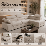 ARTIC corner sofa bed with pull-out double bed, storage, USB charging port and adjustable headrests