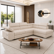 ARTIC cream corner sofa bed with chaise, adjustable headrests and armrest