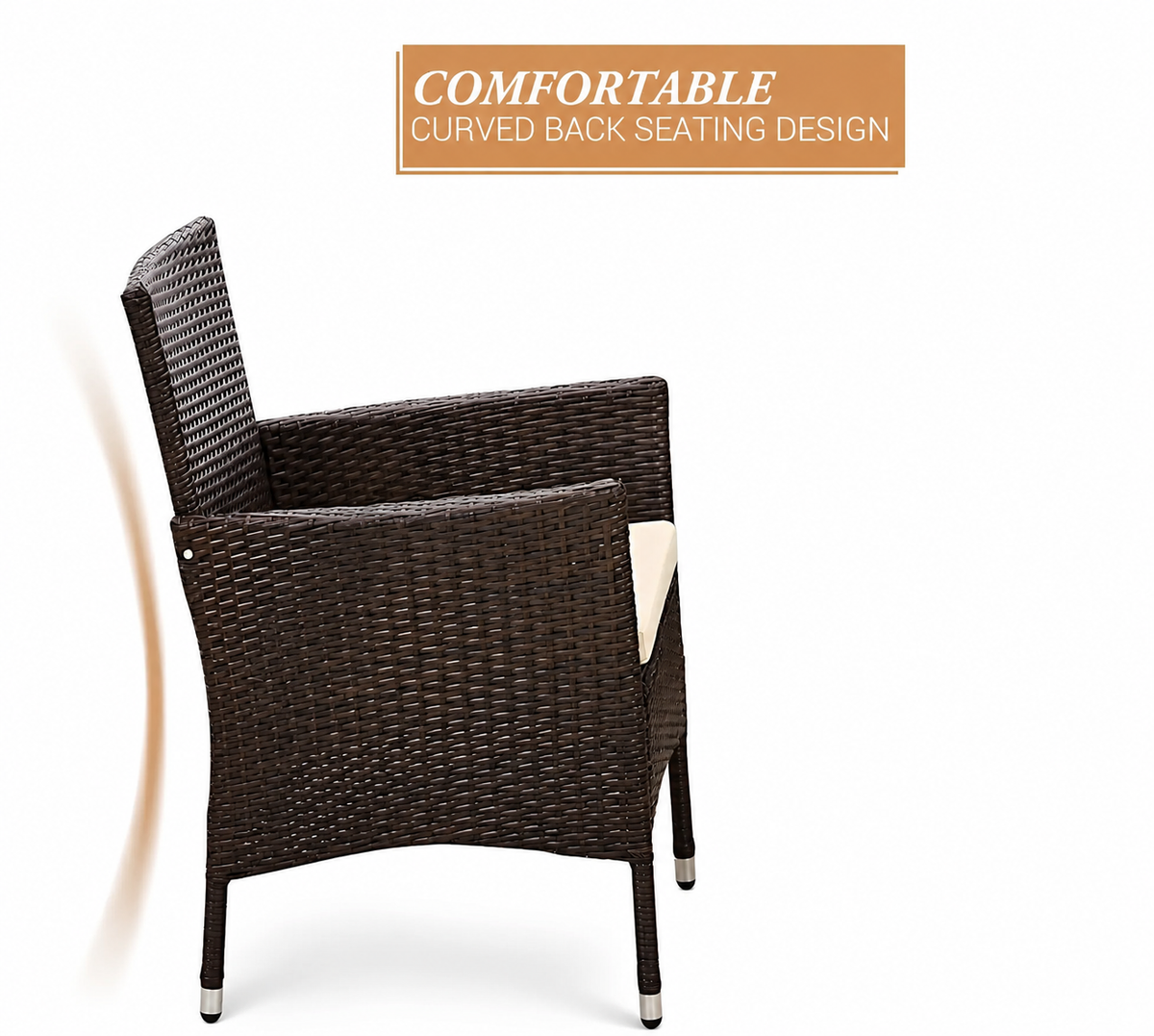 Brown rattan garden dining armchair with curved back, woven wicker design and metal legs for outdoor seating