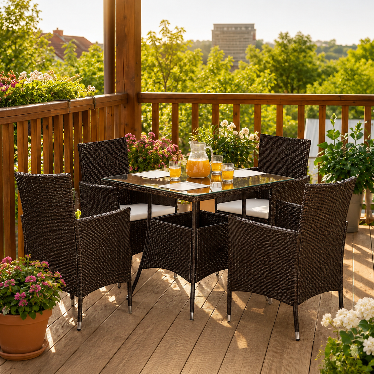 Brown rattan garden dining set for 4 with four wicker armchairs, white cushions and rectangular glass-top table