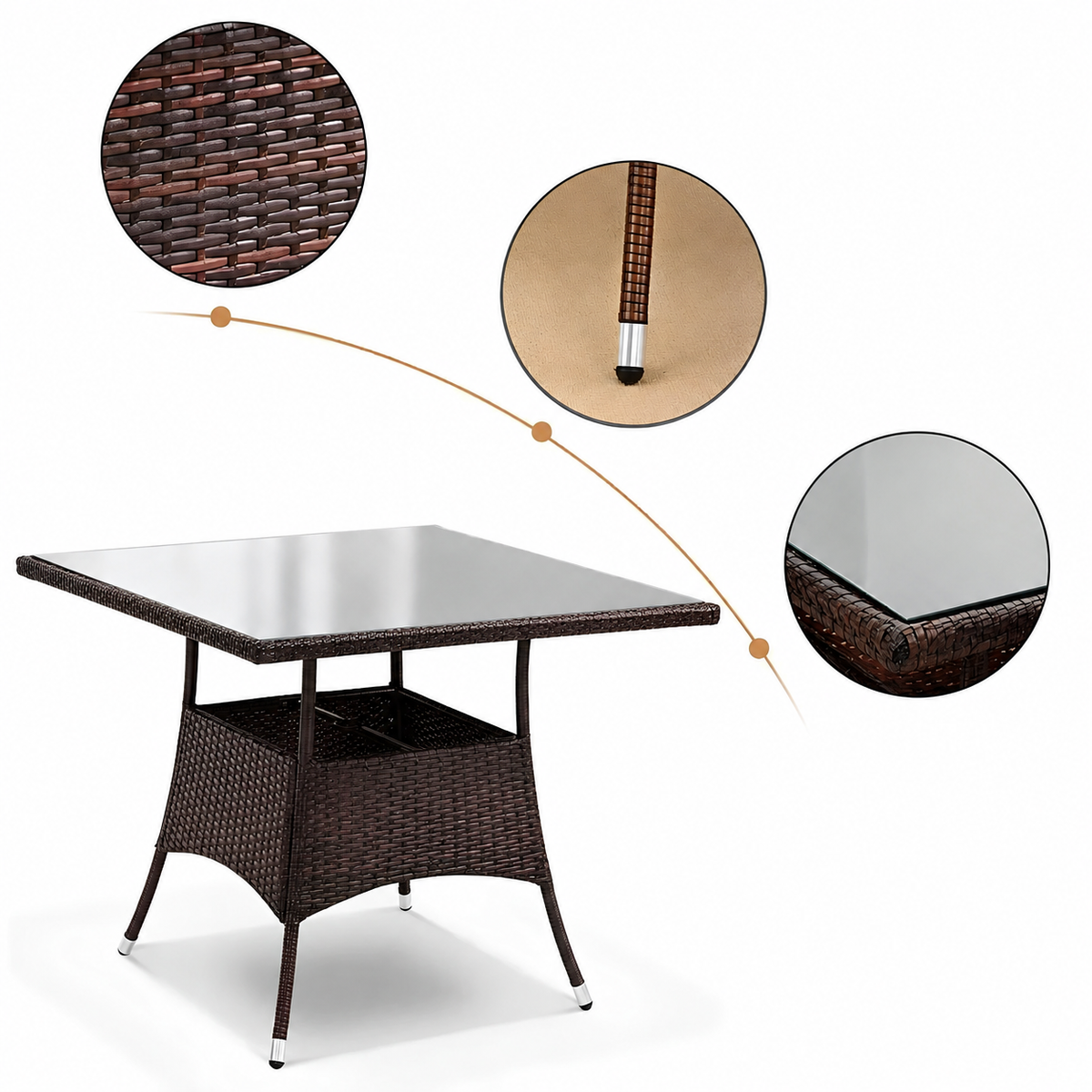 Brown wicker outdoor dining table with tempered glass top and woven rattan construction for garden patio use