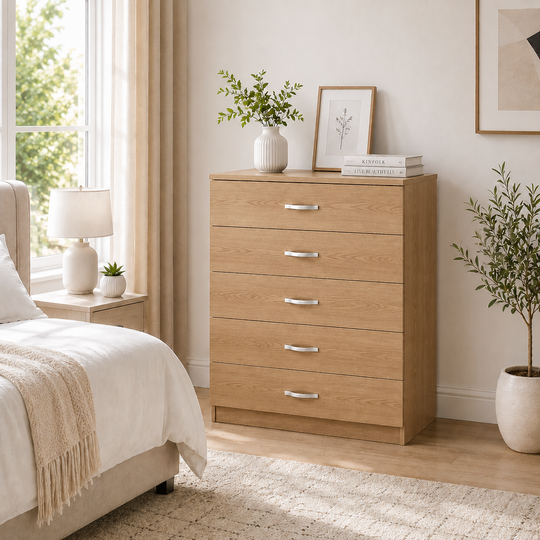 Chester oak 5-drawer chest bedroom storage unit with silver handles