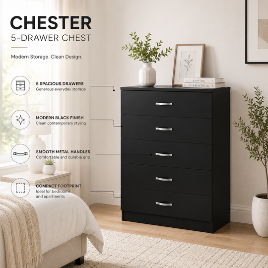 Chester black 5-drawer chest with spacious drawers, metal handles and compact bedroom design