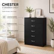 Chester black 5-drawer chest with spacious drawers, metal handles and compact bedroom design