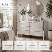 Valencia Mirrored 6 Drawer Chest – Silver Glass, Crushed Diamond or Plain Finish, Pre-Assembled
