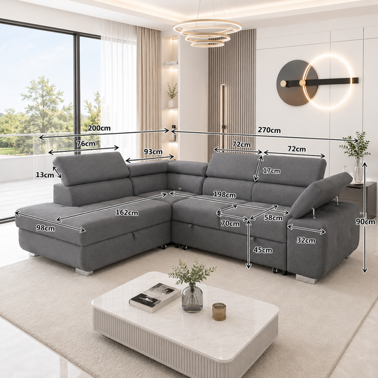 ARTIC Corner Sofa Bed with Storage & USB – Pull-Out Double Bed, Adjustable Headrests