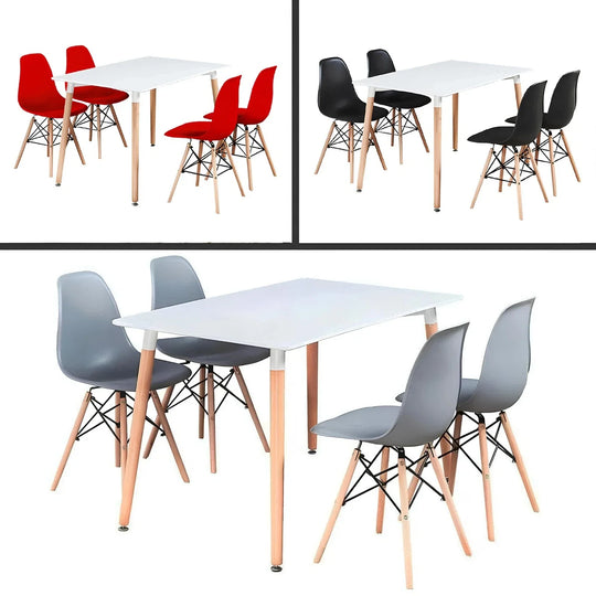 Modern 5 Piece Dining Table and Chairs Set – White Table with Wooden Legs, 4 Chairs, Seats 4