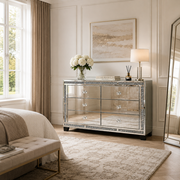 Valencia Mirrored 6 Drawer Chest – Silver Glass, Crushed Diamond or Plain Finish, Pre-Assembled