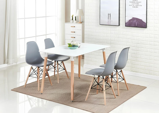 Modern 5 Piece Dining Table and Chairs Set – White Table with Wooden Legs, 4 Chairs, Seats 4