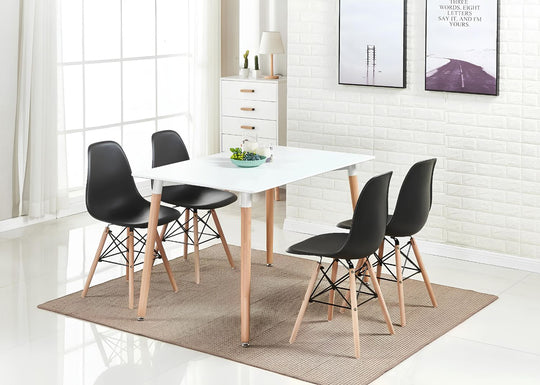 Modern 5 Piece Dining Table and Chairs Set – White Table with Wooden Legs, 4 Chairs, Seats 4