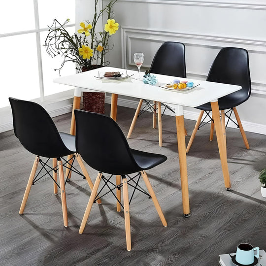 Modern 5 Piece Dining Table and Chairs Set – White Table with Wooden Legs, 4 Chairs, Seats 4