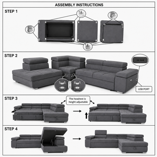 ARTIC Corner Sofa Bed with Storage & USB – Pull-Out Double Bed, Adjustable Headrests