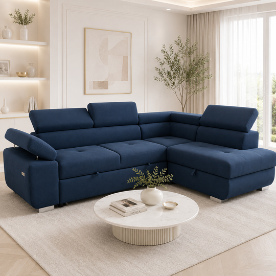 ARTIC Corner Sofa Bed with Storage & USB – Pull-Out Double Bed, Adjustable Headrests