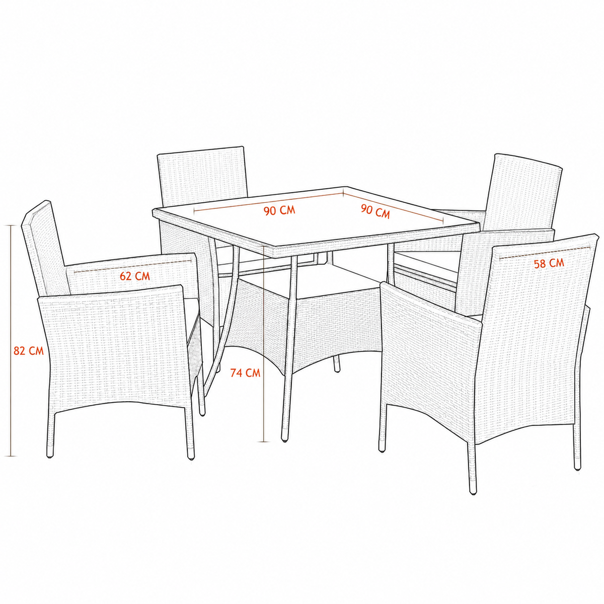 Dimensions of 5-piece rattan patio dining set with 90cm square table and four outdoor wicker chairs
