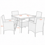 Dimensions of 5-piece rattan patio dining set with 90cm square table and four outdoor wicker chairs