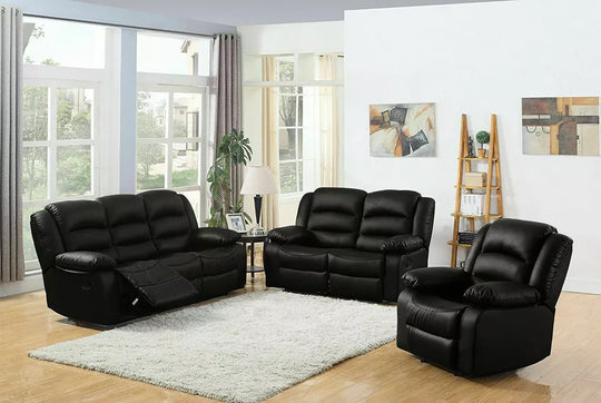 Roma black air leather 3+2+1 recliner sofa set in a modern living room