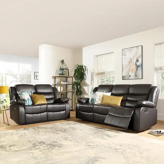 Roma black air leather reclining sofa set with 3 seater and 2 seater sofas