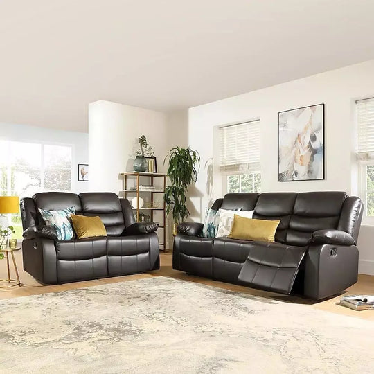 Roma brown air leather 3 and 2 seater recliner sofa set in a living room