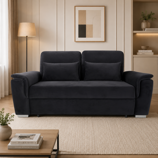 Tokyo 2 seater pull out sofa bed in black plush velvet fabric