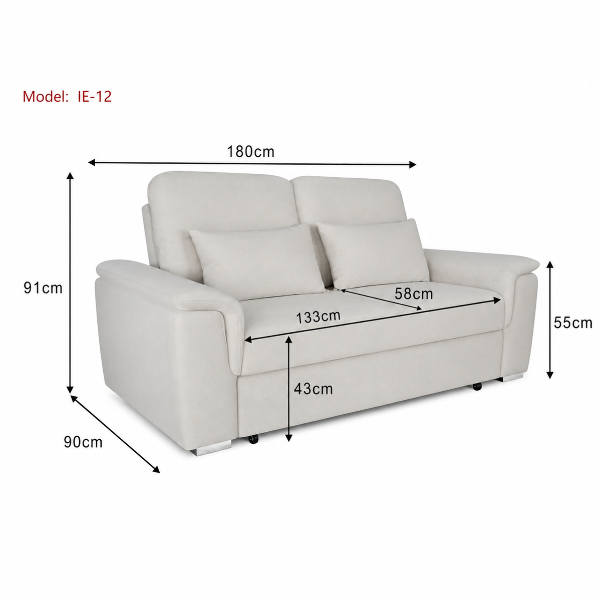 Tokyo 2 seater pull out sofa bed dimensions showing width height depth and seat measurements