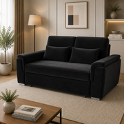 Tokyo black plush velvet 2 seater pull out sofa bed in a modern living room