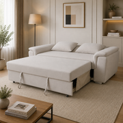Tokyo cream plush velvet sofa bed fully extended into a sleeping bed