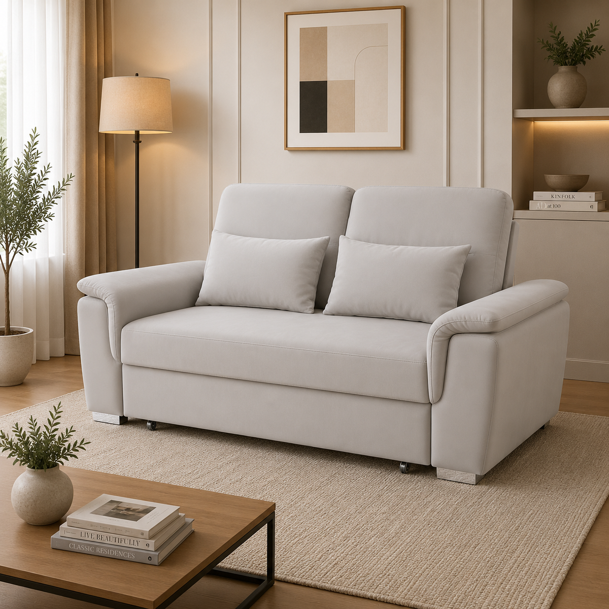 Tokyo cream plush velvet 2 seater sofa bed shown in sofa position