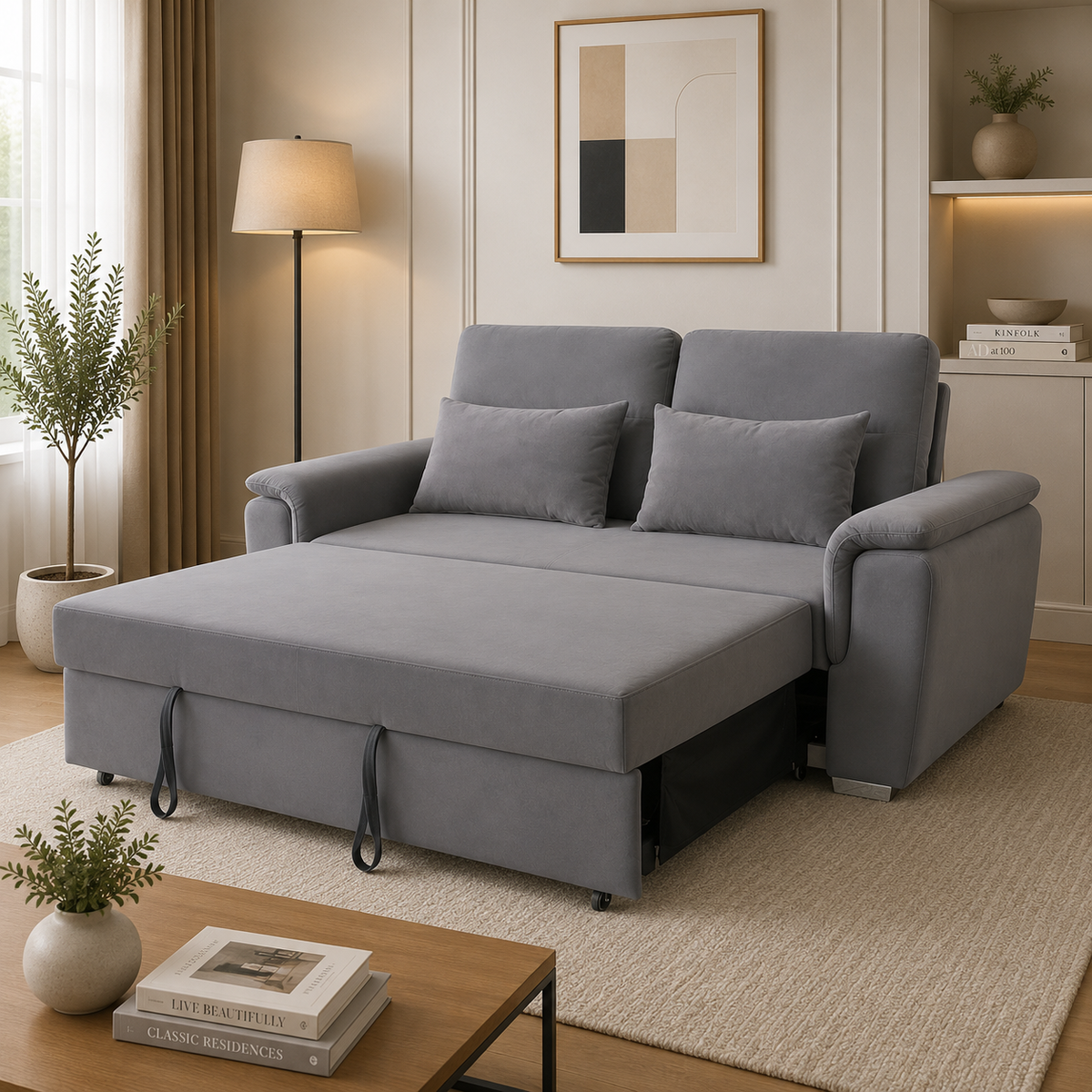 Tokyo grey plush velvet pull out sofa bed extended into sleeping position