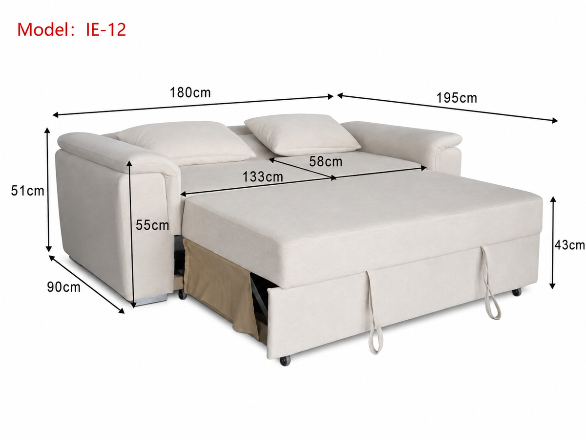 Tokyo 2 seater pull out sofa bed shown open, with dimensions for the fully extended sleeping position
