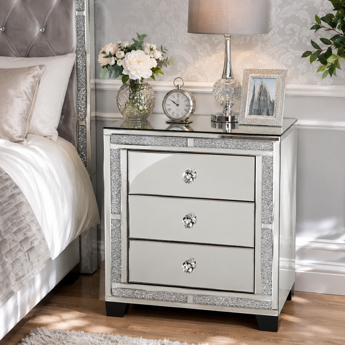 Valencia mirrored 3 drawer bedside chest with crystal trim and crystal handles