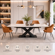Verona expandable sintered stone dining table with black X base showing extendable design, durable stone top and modern luxury finish