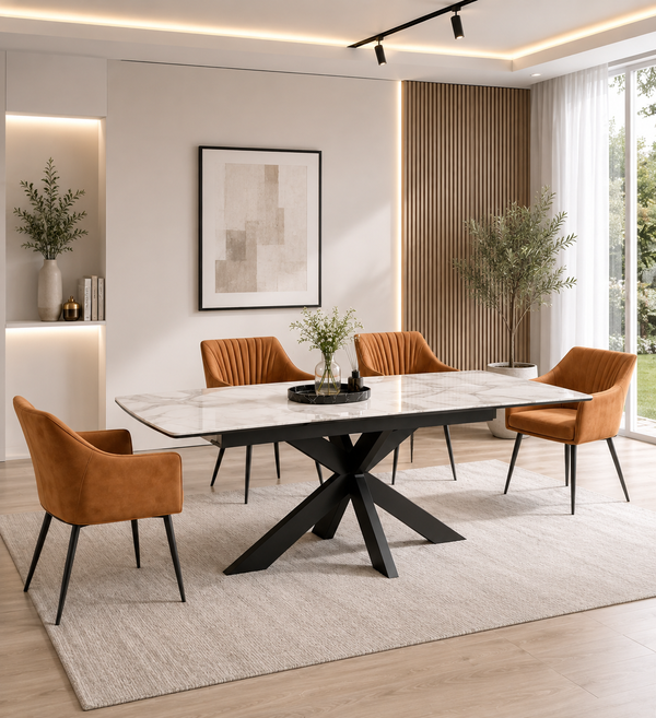 Verona extendable sintered stone dining table with white stone top and black metal X base in a modern dining room