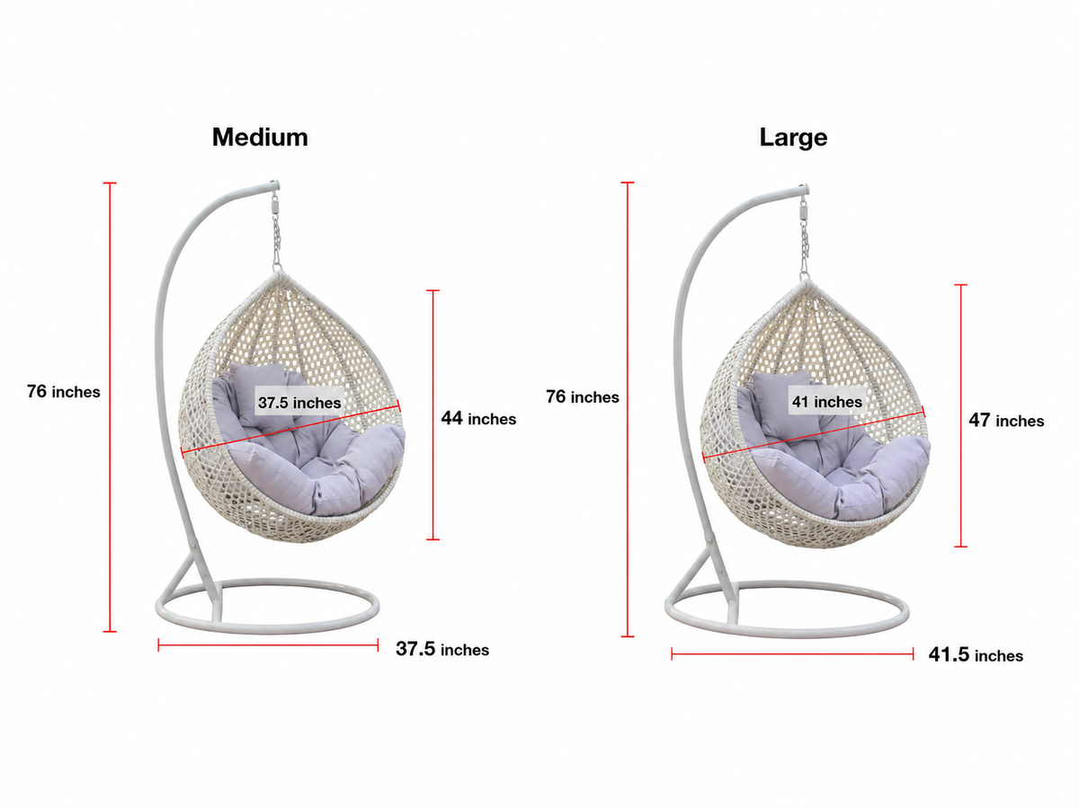 White wicker egg swing chair medium and large size dimensions with freestanding stand and cushioned hanging seat