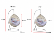 White wicker egg swing chair medium and large size dimensions with freestanding stand and cushioned hanging seat